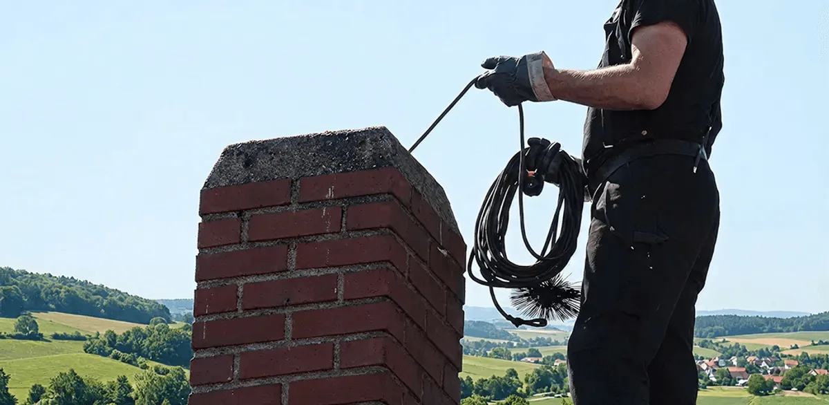 Chimney sweep inspecting and cleaning a rooftop chimney in Chicago, IL