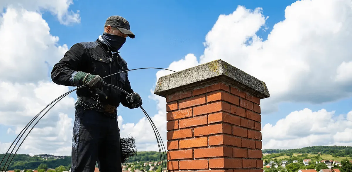 Chimney sweep cleaning a brick chimney with professional tools in Chicago, IL